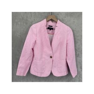 Talbots Blazer Womens 2 Petite Pink‎ White Striped Aberdeen Linen Cotton Jacket
